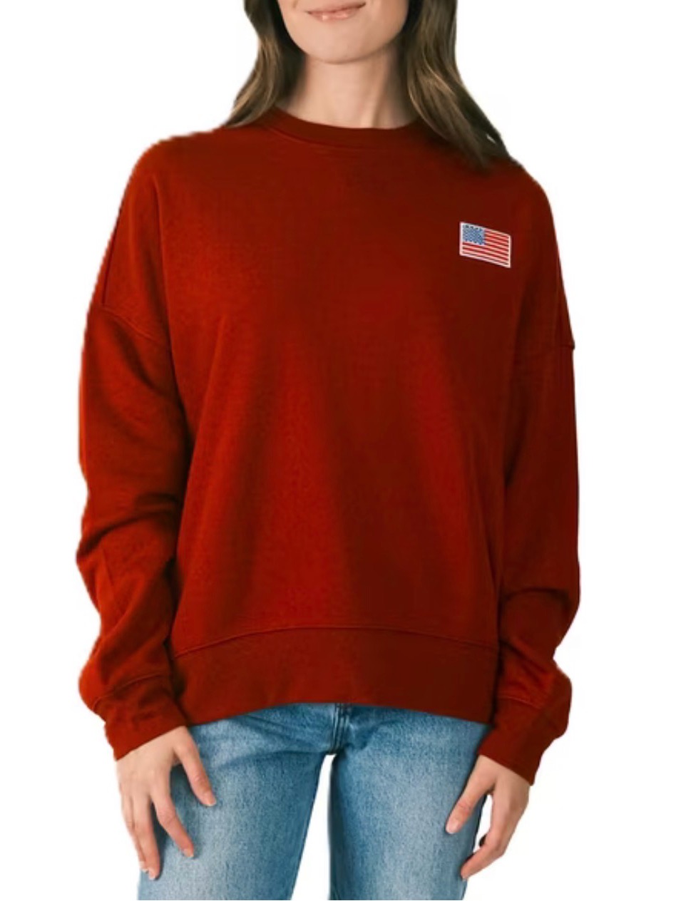 Mighty Fine Womens Deep Red Crewneck Sweatshirt With Flag Patch Usa Large Cozy